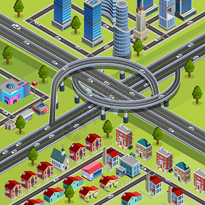 城市道路交叉口等距海报多级道路城市基础设施要素连接商业住宅区等距构造函数海报抽象矢量插图背景图片