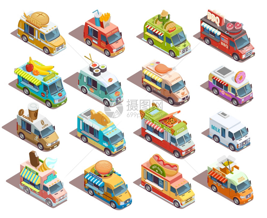 街头食品卡车等距图标收集街头食品卡车模型等距图标收集咖啡比萨饼烧烤新鲜水果销售商矢量插图图片
