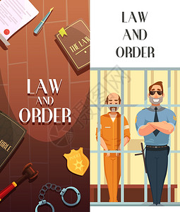 治安司法2幅卡通横幅法律司法2垂直卡通横幅囚犯监狱后的酒吧复古矢量插图图片