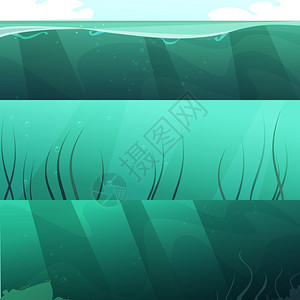 海洋绿水水平横幅海洋蓝色绿色水3水平横幅与光线海藻抽象孤立矢量插图图片