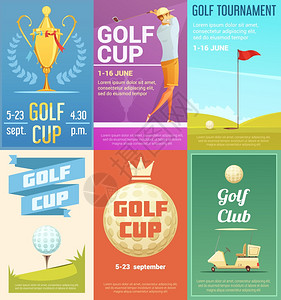 高尔夫俱乐部6复古海报套高尔夫俱乐部广告复古风格海报收集与金杯锦标赛冠奖杯卡通孤立矢量插图背景图片