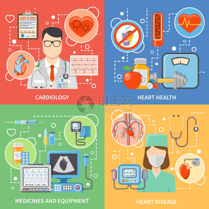 心内科平2x2图标彩色心内科平2x2图标心脏病专家的药物设备,为心脏健康治疗矢量插图图片