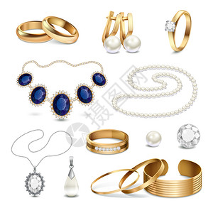 钻石手镯珠宝配件写实套装美丽时尚的金银珠宝配件写实隔离白色背景矢量插图插画