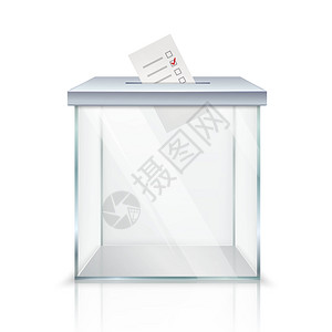 带标记选票的投票箱现实的空透明投票箱,白色背景孤立矢量插图上的孔中标记的选票背景图片