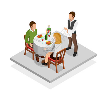 餐厅用餐餐厅用餐等距与男女服务员矢量插图图片