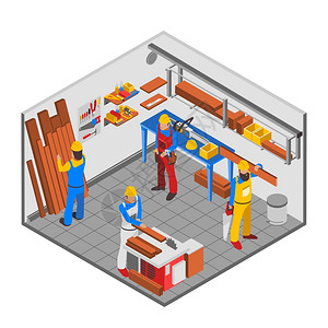 建筑木材木制品人的木工等距与设备工具房间矢量插图插画
