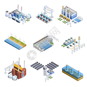 工业办公发电厂图像集燃气轮机太阳能隔离矢量图的同类型发电厂的等距图像集插画