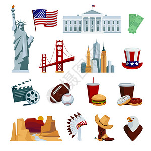 美国元素五角星美国平图标美国平图标与美国符号景点隔离白色背景矢量插图插画