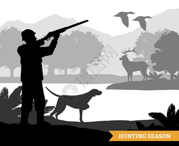 狩猎剪影插图猎人剪影拍摄飞鸟鹿狩猎季节单色平矢量插图图片
