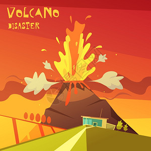 火山灾难插图彩色卡通插图火山灾难描绘熔岩上升火山矢量插图背景图片