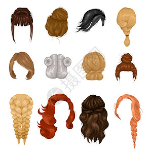 流行发型女假发发型逼真图标女发型假发,假的自然的发片,前后视图,现实的图标,收集矢量插图插画