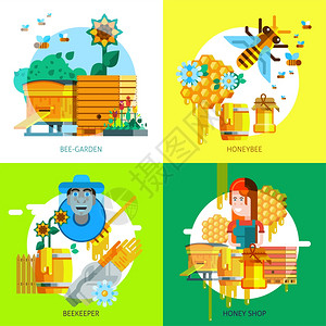 丰富多彩的养蜂理念彩色养蜂的蜂蜜元素图标平风格矢量插图图片