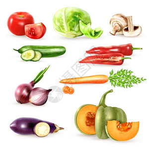 蔬菜装饰图标收集蔬菜装饰图标收集黄瓜,茄子,洋葱,蘑菇,胡萝卜,卷心菜,番茄图像现实风格矢量插图背景图片