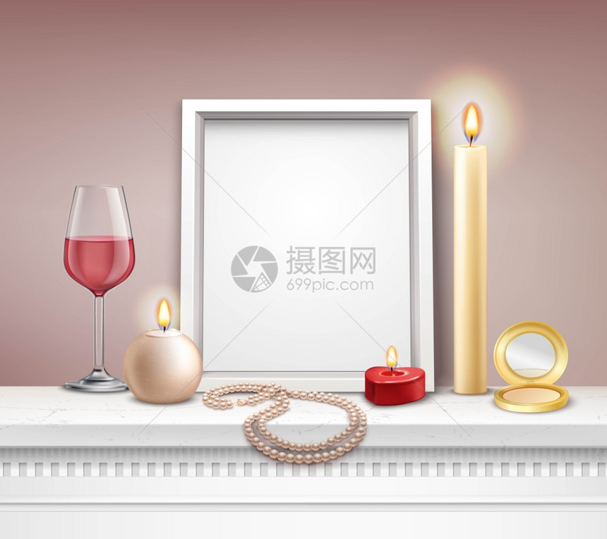 现实的框架模型现实的框架模型与蜡烛镜项链璃葡萄酒矢量插图图片