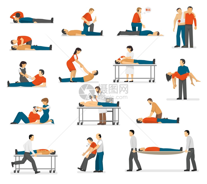 急救紧急平图标急救紧急处理CPR技术危及生命的情况下平图标收集抽象孤立矢量插图图片