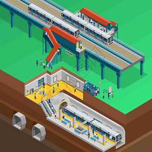 地下等距插图地下构图与车站站台人门票等距矢量插图背景图片