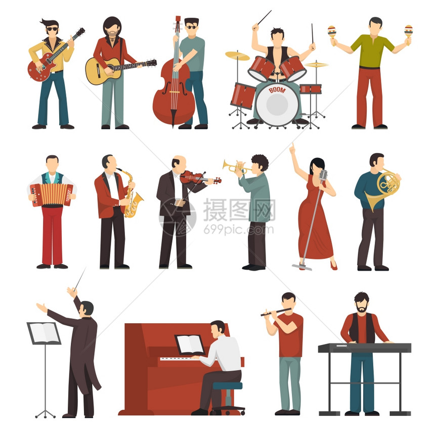 音乐家彩色图标彩色音乐家人物与同的乐器图标,套指挥吉他手,歌手,鼓手,小号,竞技球员,平矢量插图图片