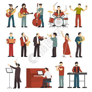 音乐家彩色图标彩色音乐家人物与同的乐器图标,套指挥吉他手,歌手,鼓手,小号,竞技球员,平矢量插图背景图片