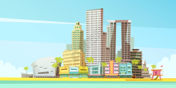 城市海滩迈阿密天际线理念迈阿密天际线的商务旅行旅游演示平矢量插图插画