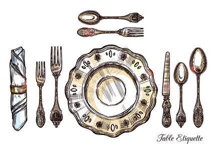 餐桌礼仪手绘插图餐桌礼仪手绘矢量插图与老式餐具隔离图标为个人服务图片