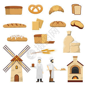 包烘焙套装平包店两个包师包其他烘焙产品隔离白色背景矢量插图背景图片