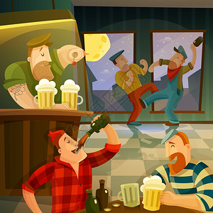 爱尔兰人爱尔兰酒吧背景爱尔兰酒吧内部与饮酒跳舞的人卡通矢量插图插画