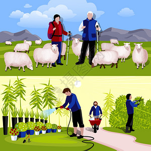 牛场卡通素材农民园丁2横平横幅套牛场羊招标装饰植物苗圃工人2平水平横幅隔离矢量插图插画