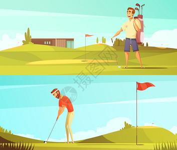 高尔夫球员2复古横幅高尔夫球手球场2水平复古卡通横幅红针旗孤立矢量插图背景图片