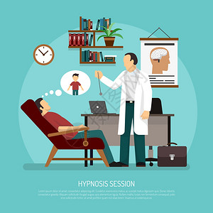 催眠会话矢量插图医疗室的平矢量图,病人椅子上放松,心理学家进行催眠背景图片