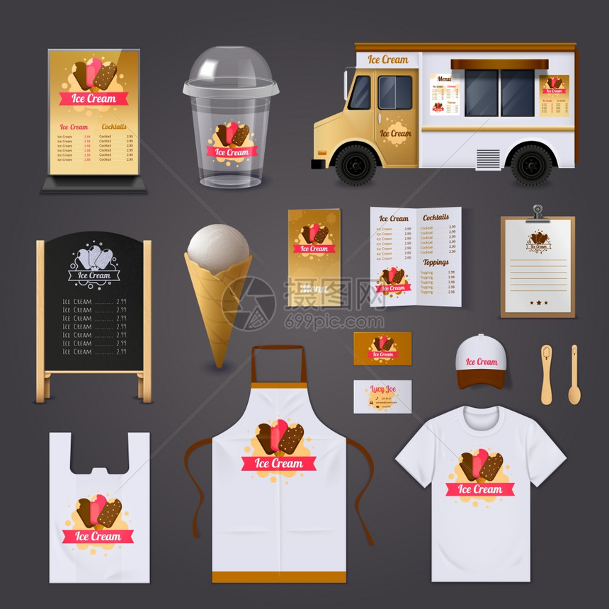 冰淇淋销售套装冰淇淋销售现实与围裙街头食品推车矢量插图图片