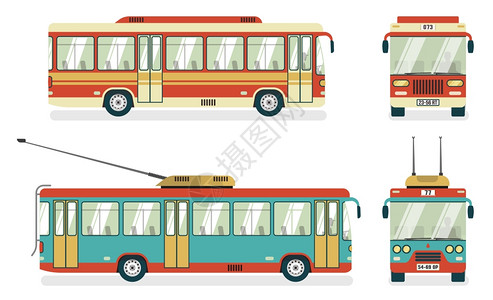 公共交通巴士无轨电车4个图标城市公共交通服务公交无轨电车视图4平图标方形抽象孤立矢量插图插画