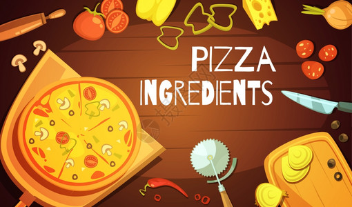 披萨制作披萨配料背景彩色背景与准备的比萨饼,肉类蔬菜成分刀切割平矢量插图插画