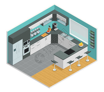 厨房内部等距厨房颜色等距与椅子橱柜桌子矢量插图背景图片