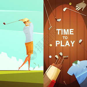 高尔夫2复古垂直横幅时间玩2个复古卡通横幅与高尔夫设备成球员球场上矢量插图背景图片