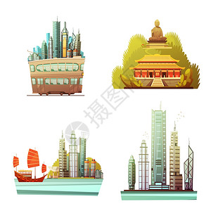 九龙瀑布群香港2x2理念香港2x2理念集历史地标现代城市建筑海洋景观平矢量插图插画