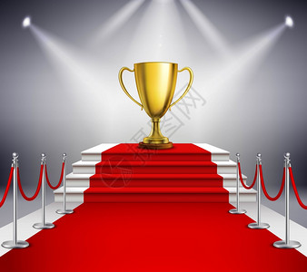 带奖杯的红地毯金色奖杯白色楼梯上覆盖着红地毯,并被聚光灯现实的矢量插图照亮背景图片