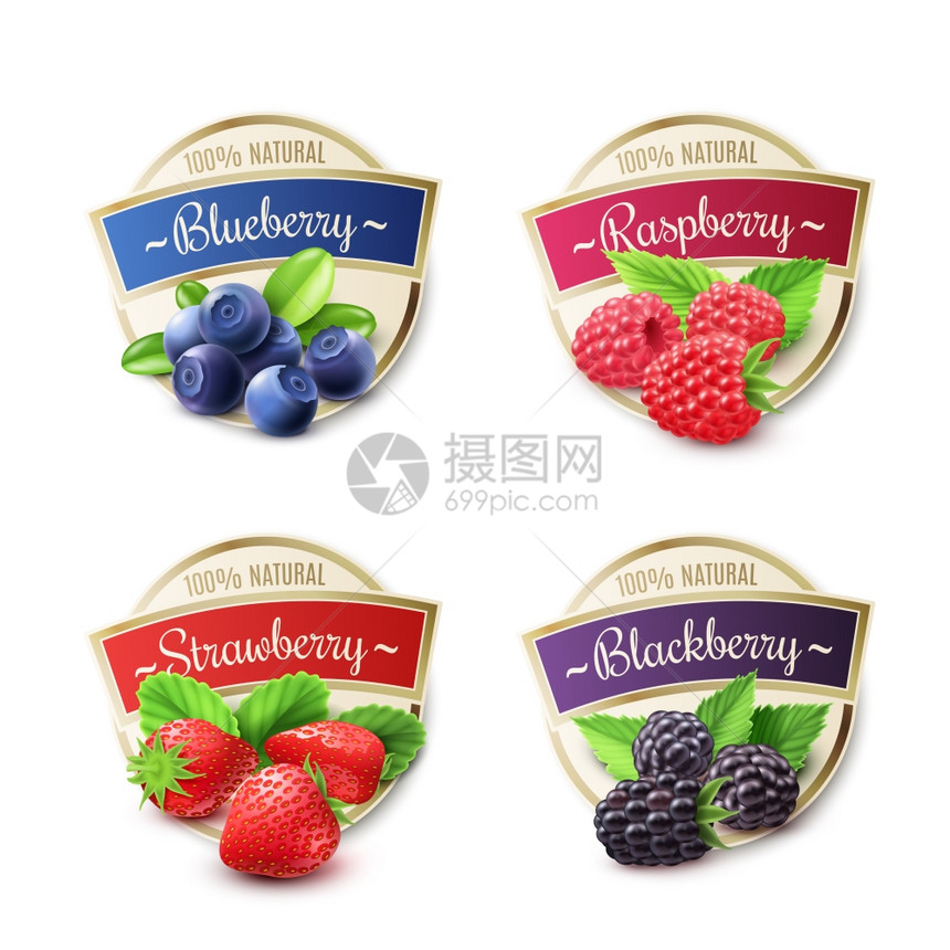 浆果标签浆果标签现实草莓蓝莓分离矢量插图图片
