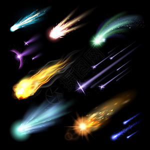 光效设定光效果与彩色流星火球彗星隔离黑色背景矢量插图图片