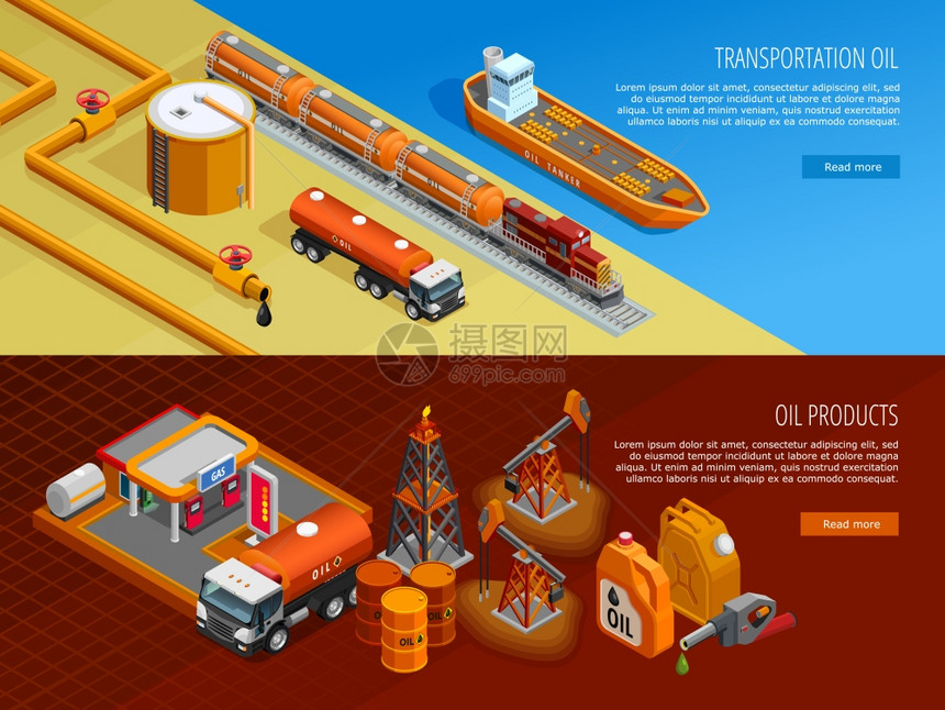 石油工业等距网页横幅天然气工业储运设施2个等距水平横幅与加油站隔离矢量插图图片