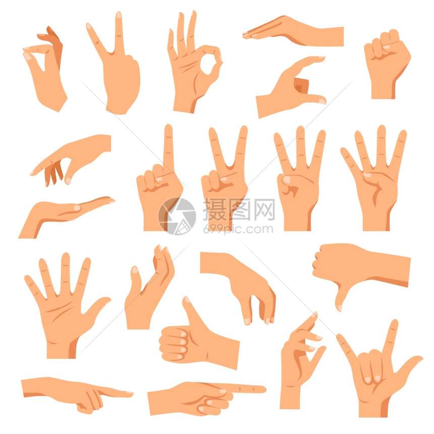 手白色背景上的同手势情感符号中的手矢量插图图片