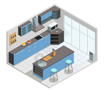 家具首页模板厨房内部等距厨房颜色等距与橱柜桌椅矢量插图插画