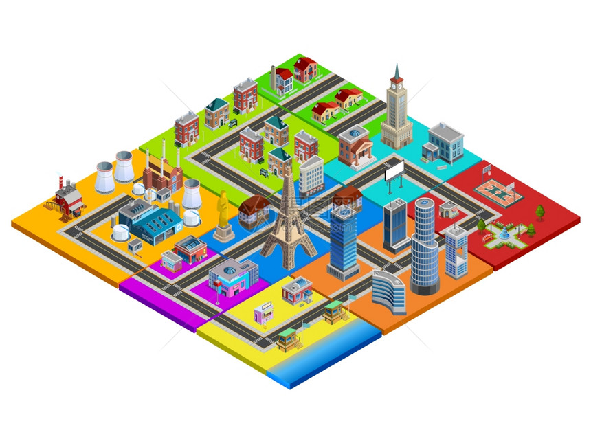 城市构造函数彩色等距图像城市等距建筑彩色街区的住宅工业商业商业区地标矢量插图图片