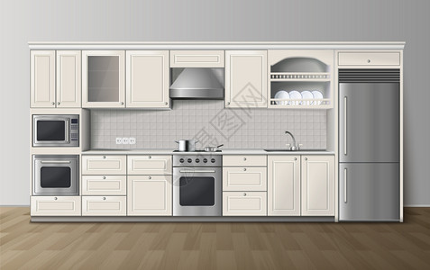 白色厨房背景豪华厨房白色逼真的室内形象现代豪华厨房白色橱柜,内置炊具冰箱,逼真的侧视图像矢量插图插画