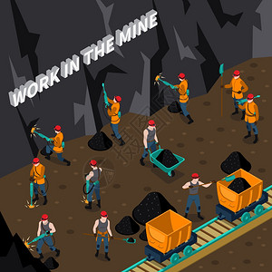 煤炭设备矿工人等距成煤炭工业等距成与矿工矿井矢量插图工作插画