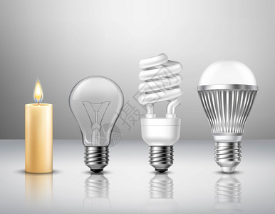 LED工矿灯光的进化璃表孤立矢量插图上蜡烛现代LED灯泡的真实光演化插画