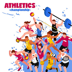 五颜六色的运动等距海报彩色运动等距海报与活跃的球员运动员运动员飞溅背景矢量插图背景图片