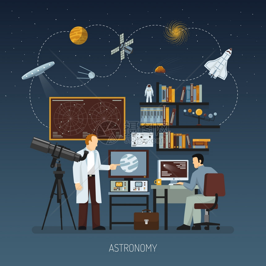 天文学天文学与科学家共同承担宇宙探索现代研究设备平矢量插图图片