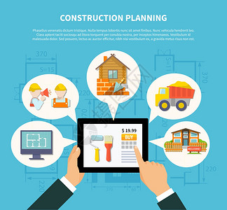 平建设规划图的平施工规划图与手持平板建筑方案承包商房屋卡车矢量插图图片