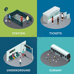 地铁等距彩色等距2x2描绘地铁售票地下地铁矢量图图片