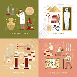 考古学插图彩色平构图2x2描绘考古文物研究古埃及遗址矢量插图图片